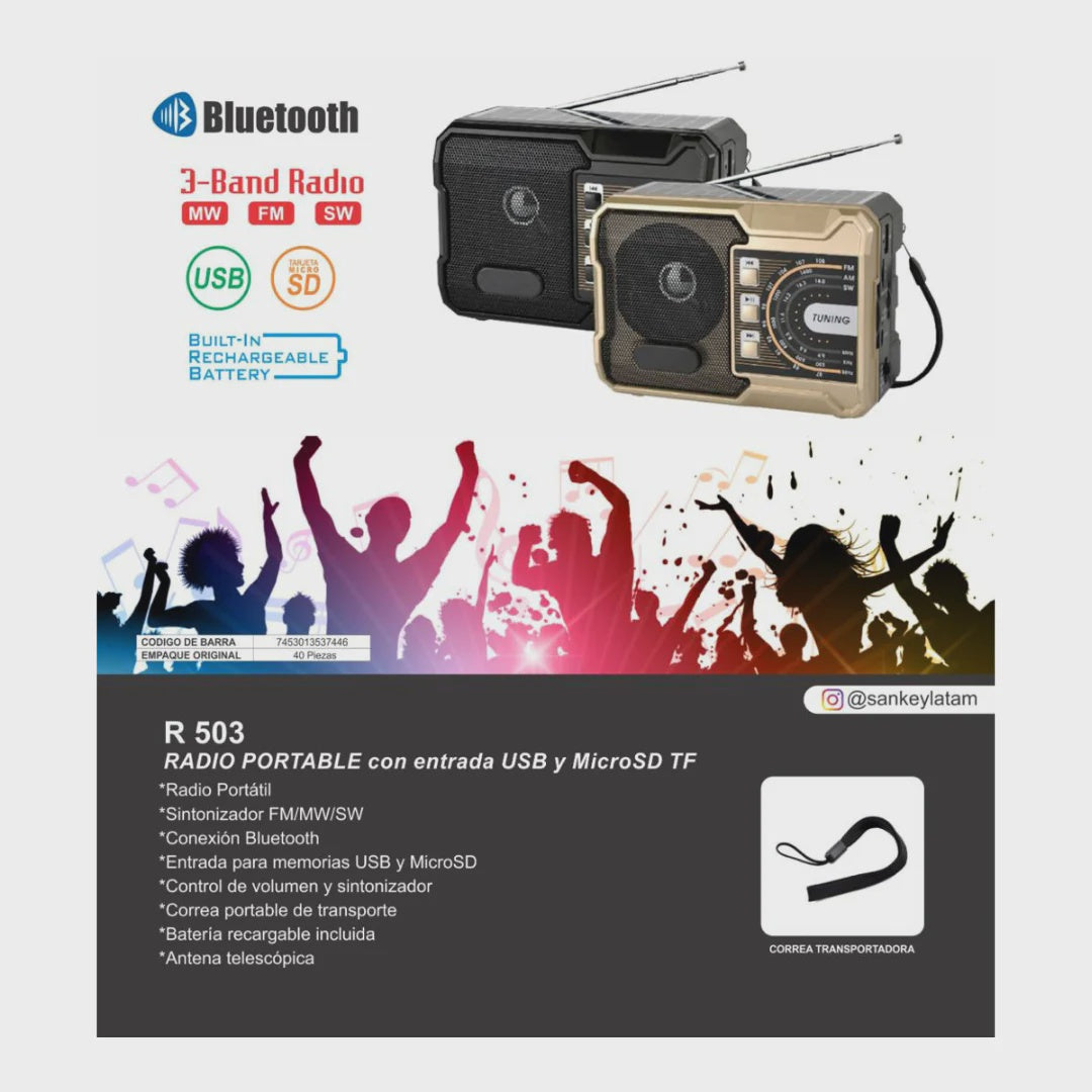 SANKEY Radio R-503 FM USB Sd Bluetooth Music Box Rechargeable Solar