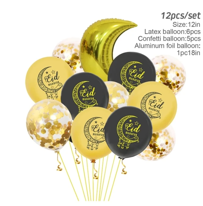 Eid / Ramadan Balloon Black & Gold with Moon Foil 12PC