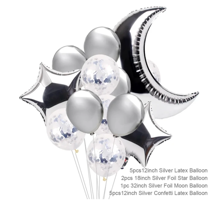 Eid / Ramadan Balloon White & Silver with Foil Moon & Star 13PC