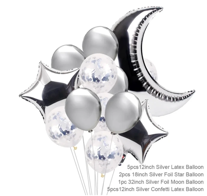 Eid / Ramadan Balloon White & Silver with Foil Moon & Star 13PC