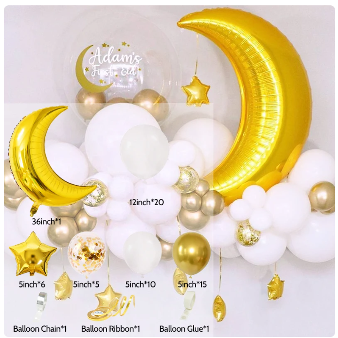 Eid / Ramadan Balloon Gold & White with Foil Moon & Star 60PC