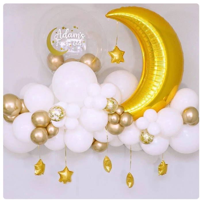 Eid / Ramadan Balloon Gold & White with Foil Moon & Star 60PC