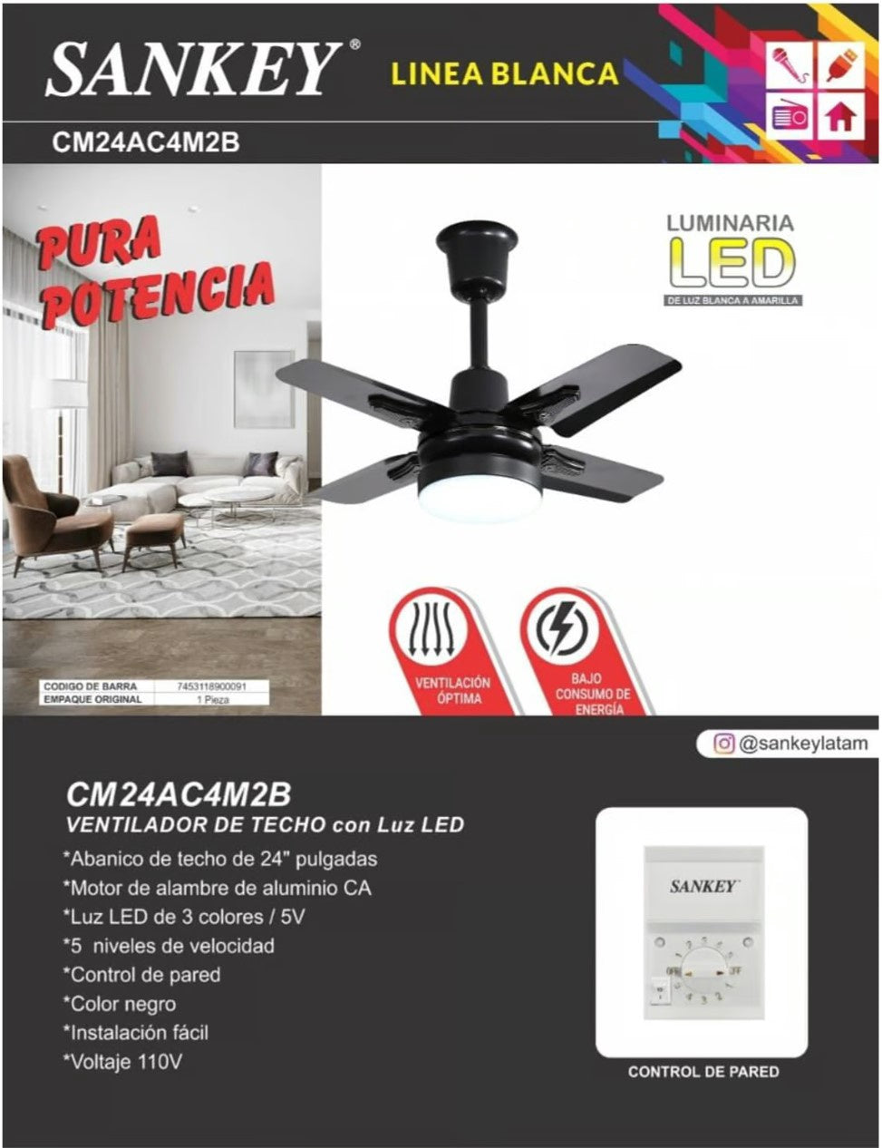 SANKEY Fan Ceiling 24" CM24AC4M2B with Light Black