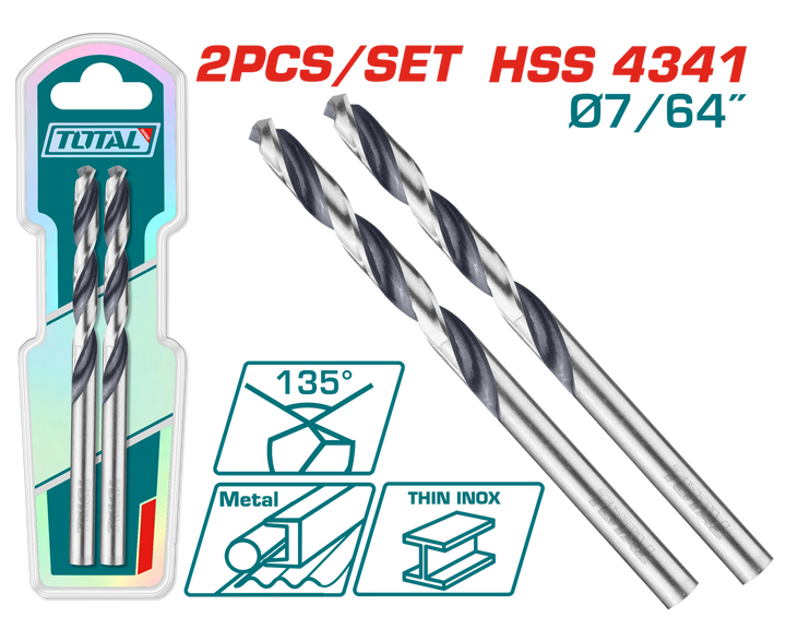 TOTAL Drill Bit 7/64" 2PCS Set TAC1206474 Metal Hss