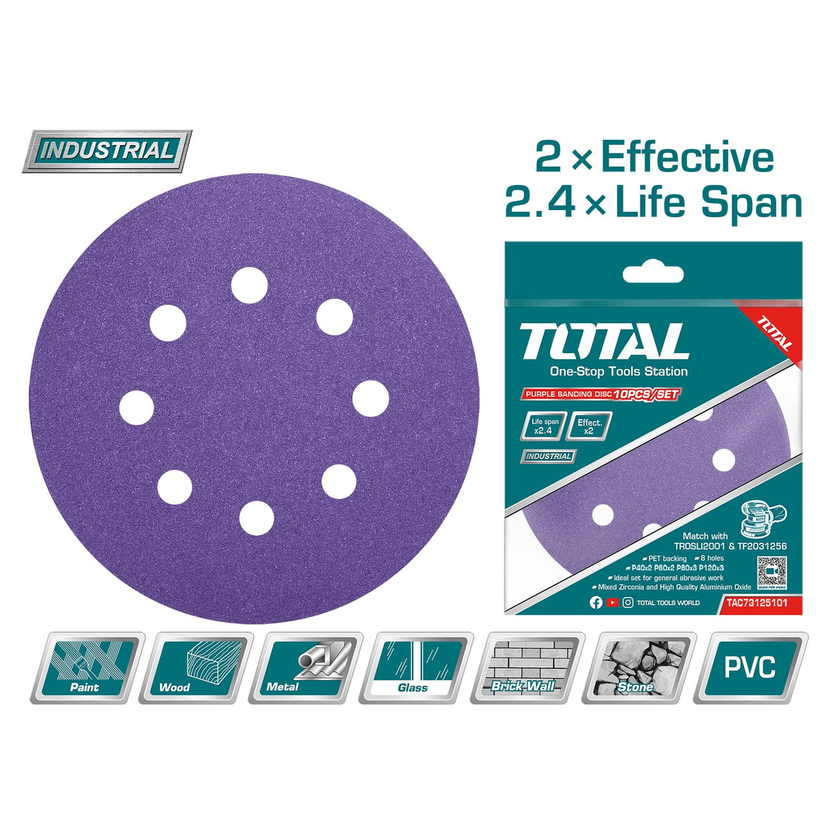 TOTAL Sand Paper Sheet TAC73125101 Purple Sanding Disc 10PCS