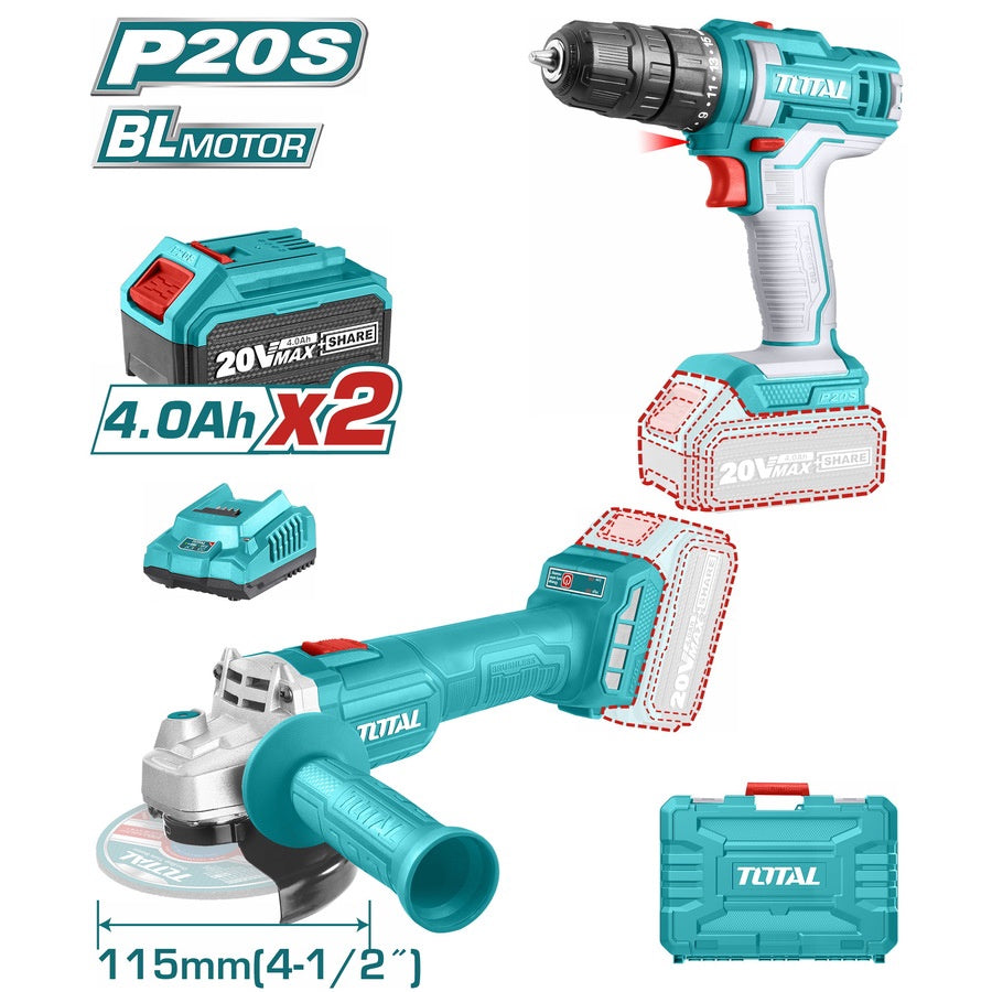 TOTAL Drill Gun + Angle Grinder UTCKLI20157 2-PCS Combo Kit 20V Lithium Ion