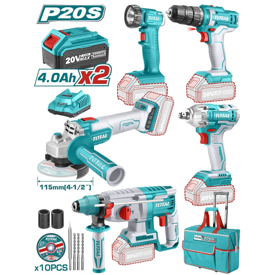TOTAL Drill Gun + Angle Grinder + Lamp UTCKLI2019 5-PCS Combo Kit 20V Lithium Ion