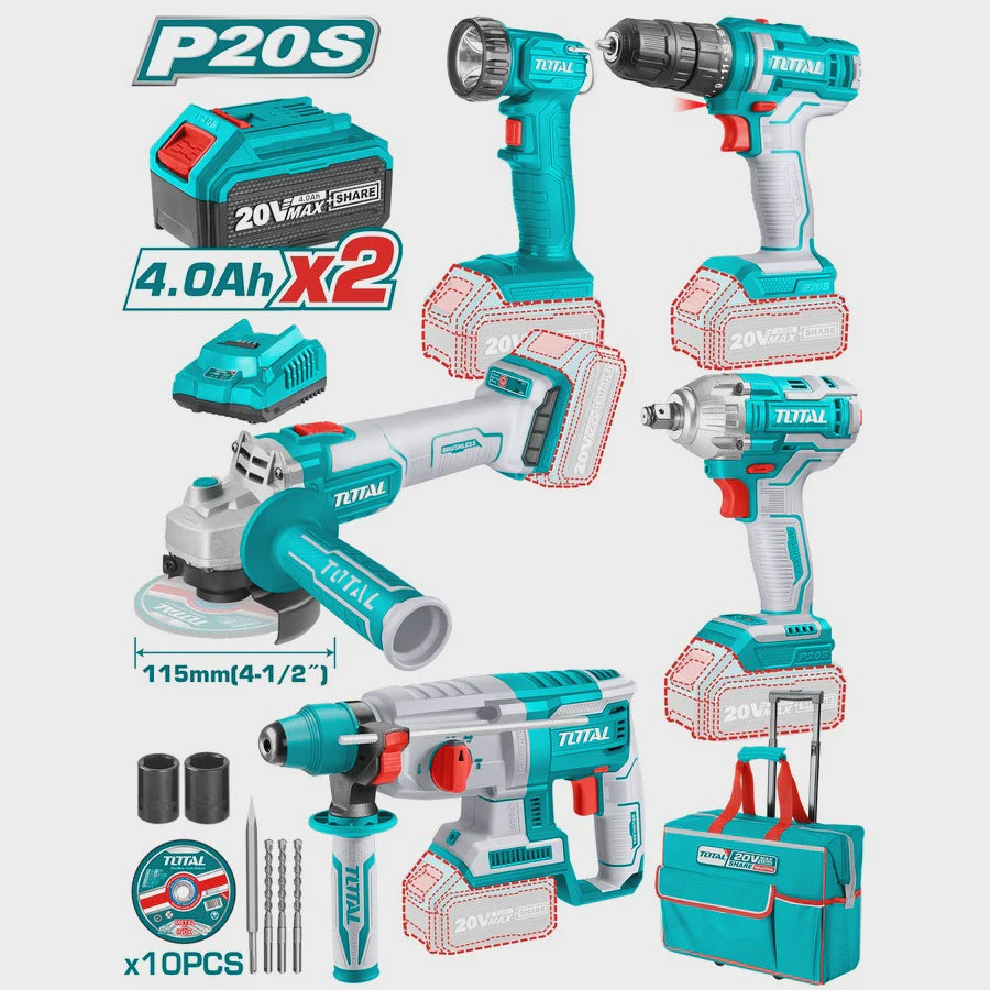 TOTAL Drill Gun + Angle Grinder + Lamp UTCKLI2019 5-PCS Combo Kit 20V Lithium Ion