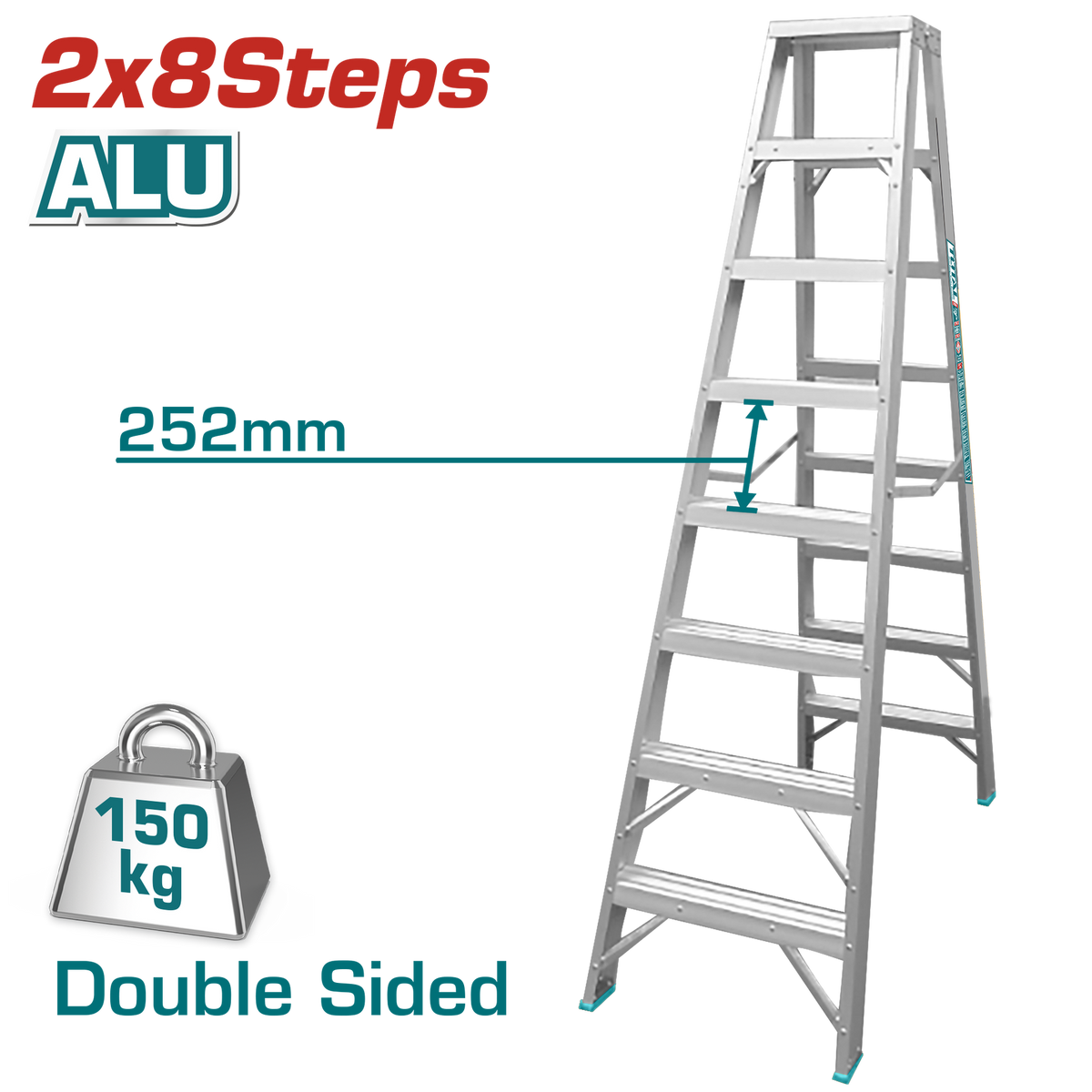 TOTAL Ladder 8 Step Aluminium THLAD01081 Double Side