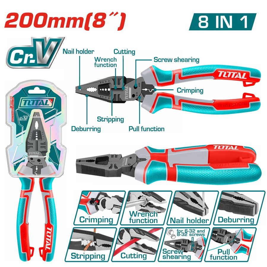 TOTAL Pliers 8" Combination THTMF186 8-IN-1 MULTI-FUNCTION
