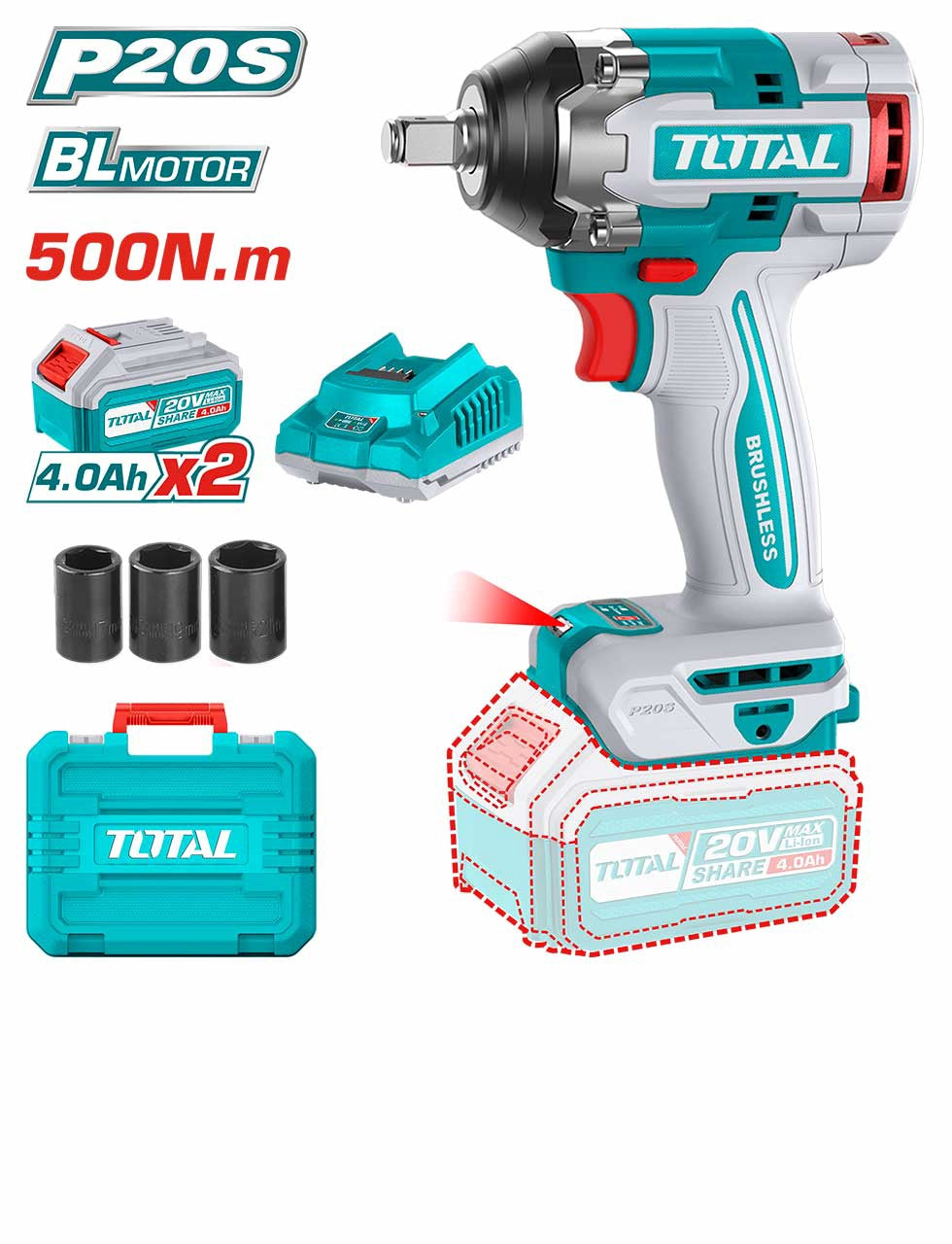 TOTAL Drill Gun UTIWLI2050 Impact Wrench 20V Lithium Ion