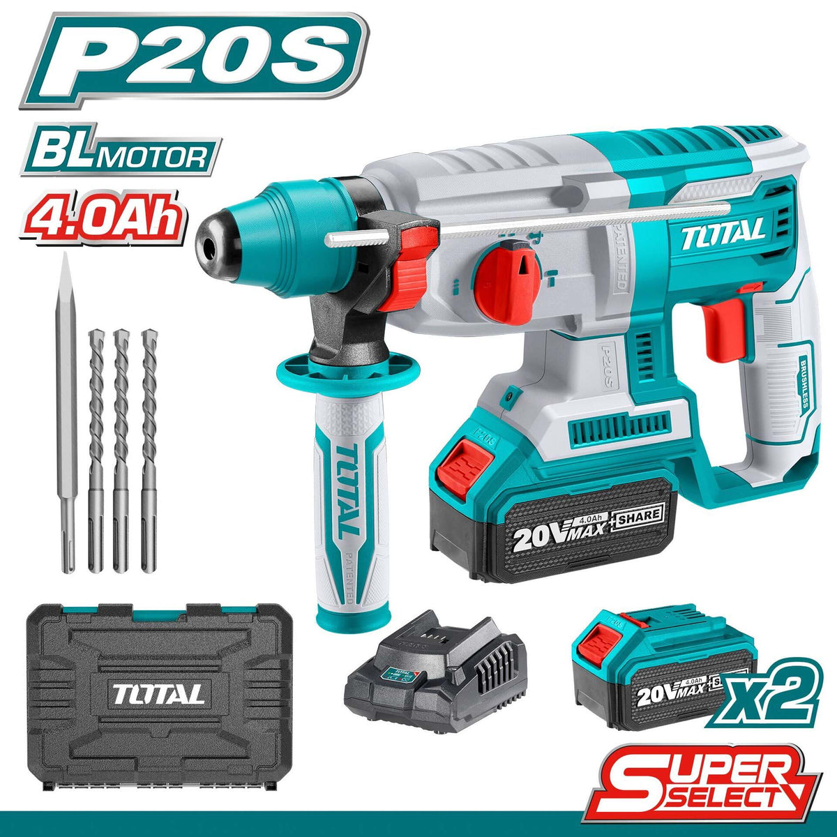 TOTAL Drill Gun UTRHLI202287 Rotary Hammer 20V 4AH Lithium Ion
