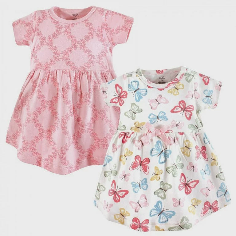 TOUCHED BY NATURE Baby Dress Touch by Nature Short Sleeve Print Butterflies 2PACK