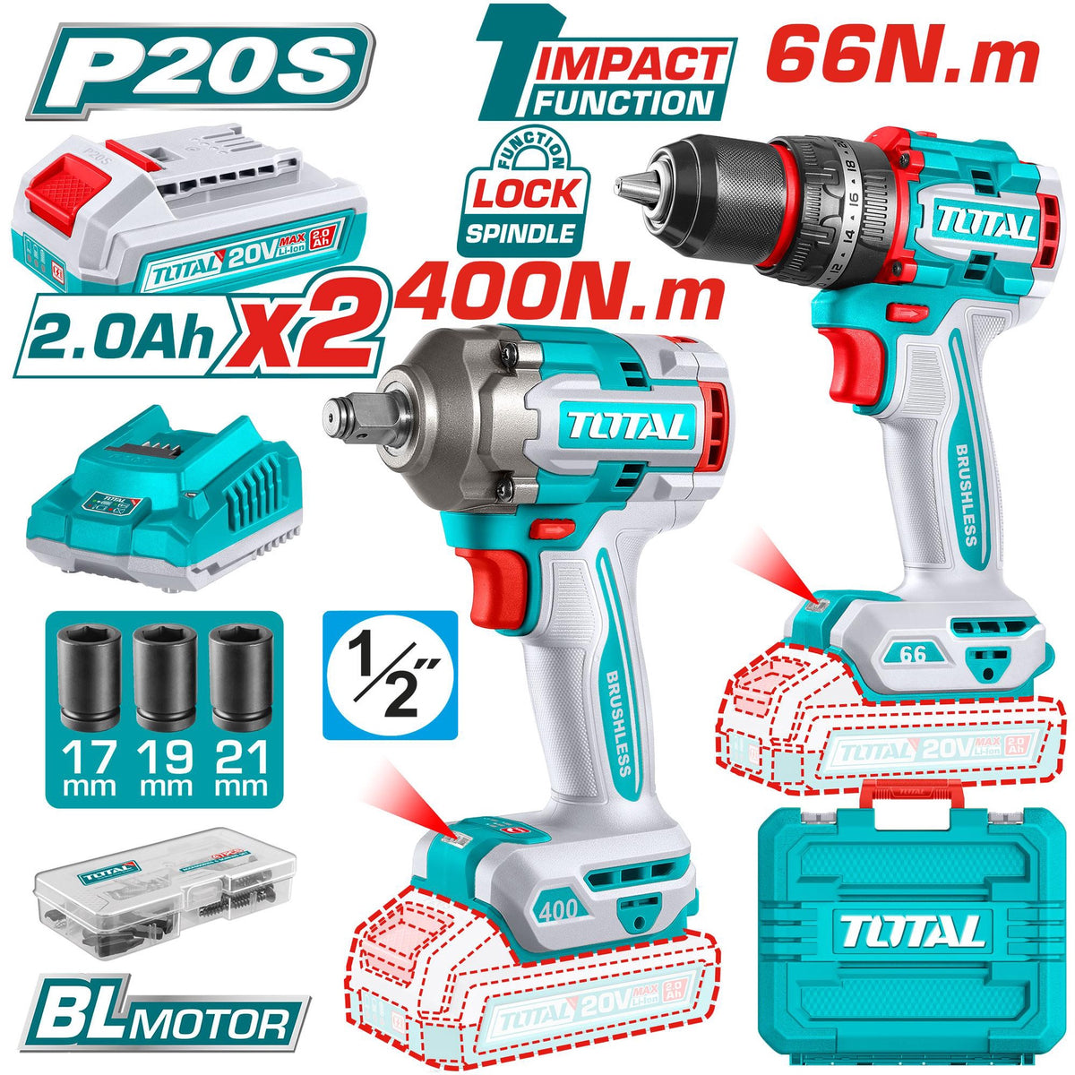 TOTAL Drill Gun UTCKLI20275 2PCS Combo Kit 20V Lithium Ion