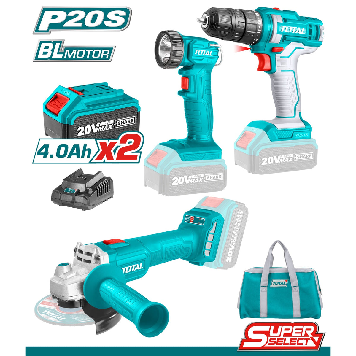 TOTAL Drill Gun + Angle Grinder UTCKLI20418 3-PCS Combo Kit 20V Lithium Ion