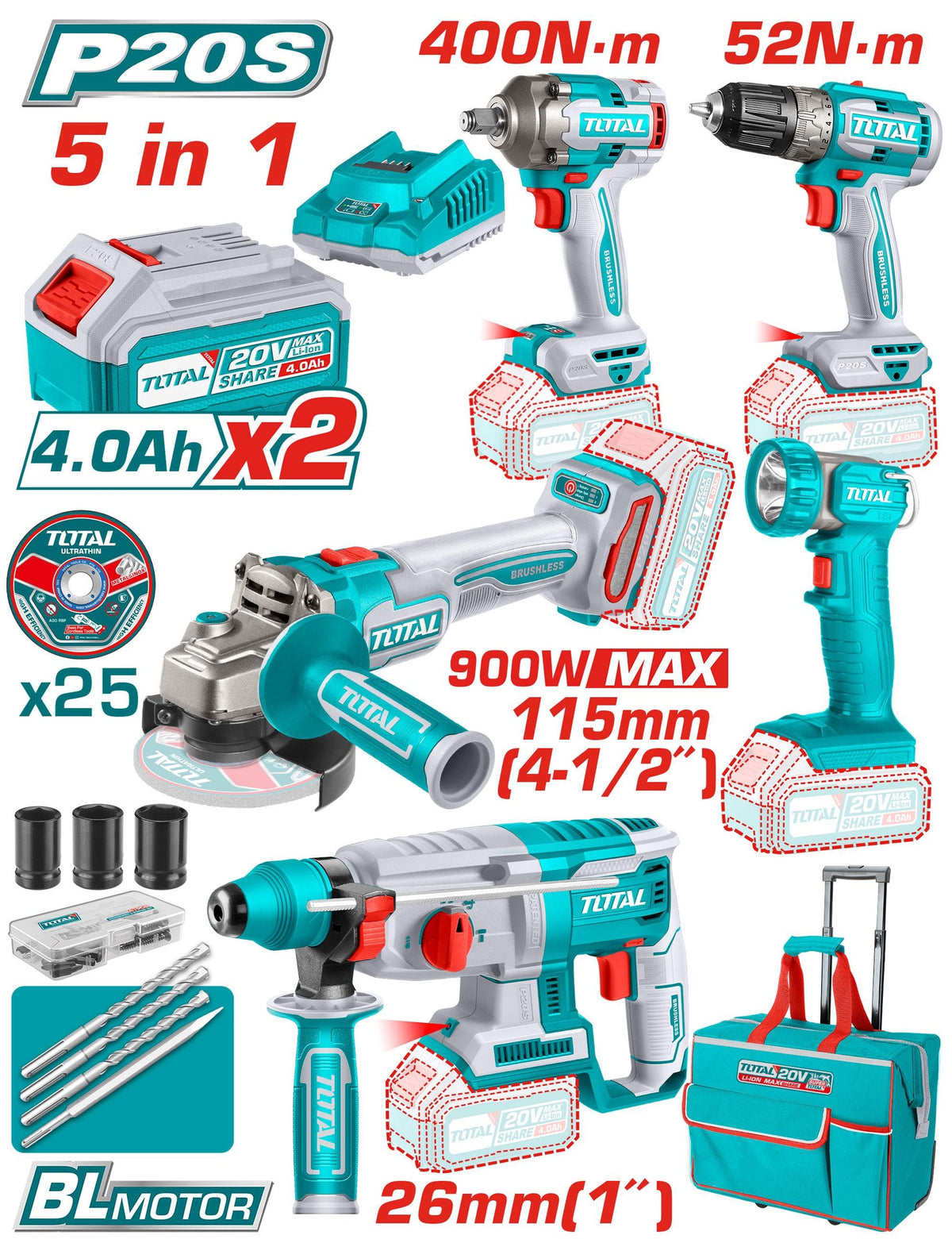 TOTAL Drill Gun + Angle Grinder + Lamp UTCKLI2058 5-PCS Combo Kit 20V Lithium Ion