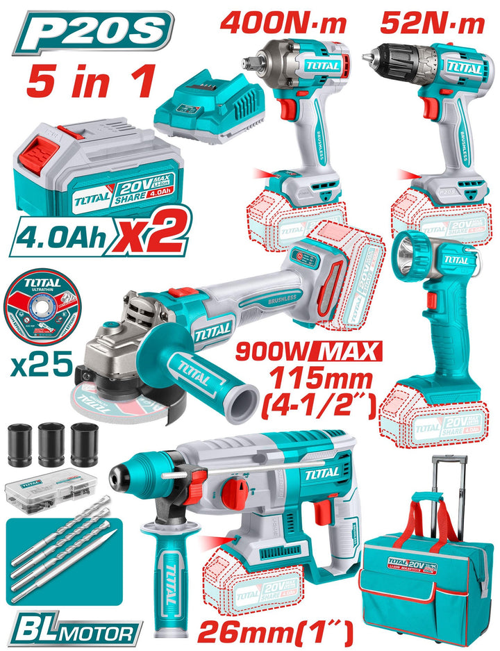 TOTAL Drill Gun + Angle Grinder + Lamp UTCKLI2058 5-PCS Combo Kit 20V Lithium Ion