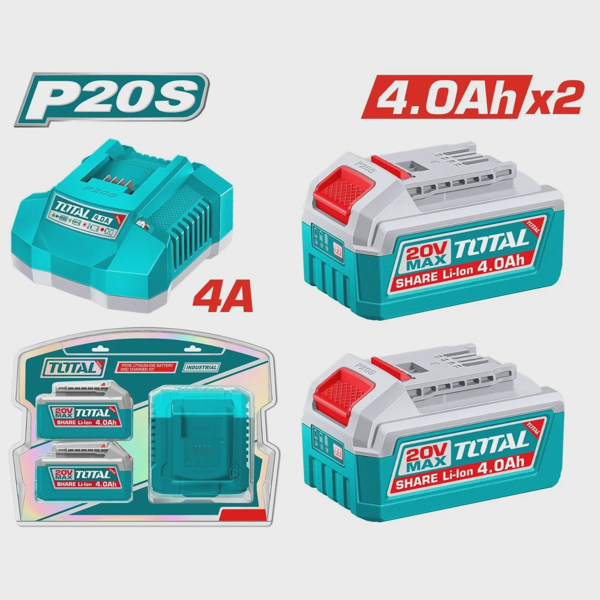 TOTAL Battery Pack & Charger 3PCS Kit UTFBCPK2013 20V 4.0AH LITHIUM-ION