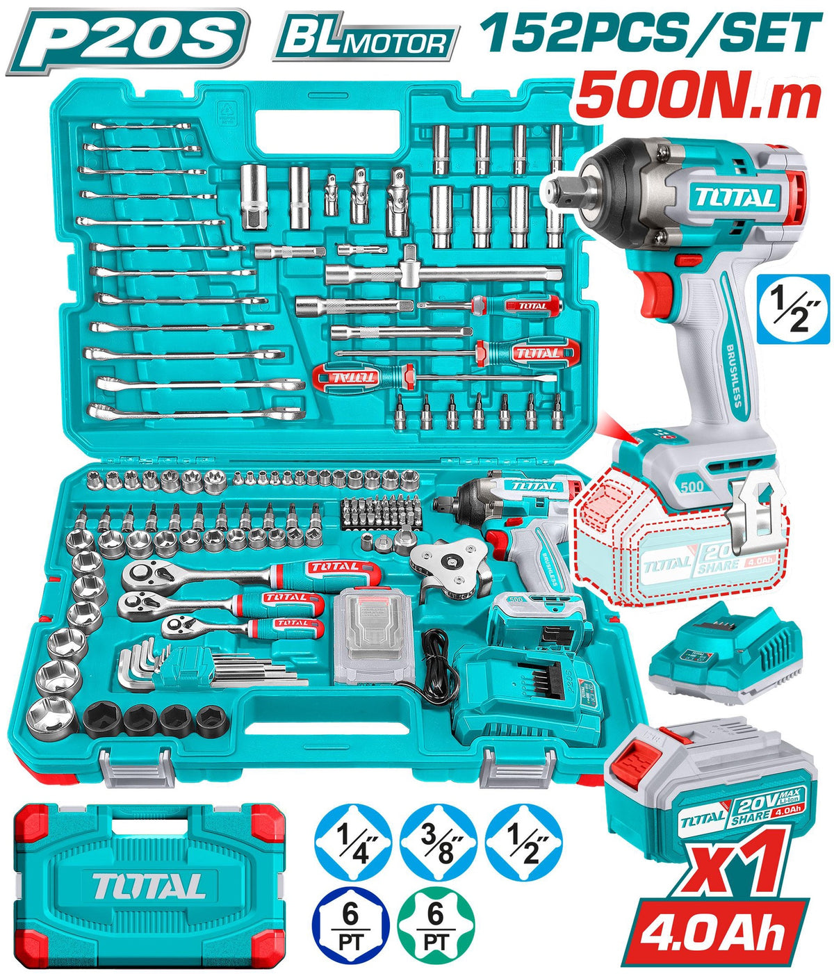 TOTAL Tool Set 152PCS UTHKTHP31522 Impact Wrench