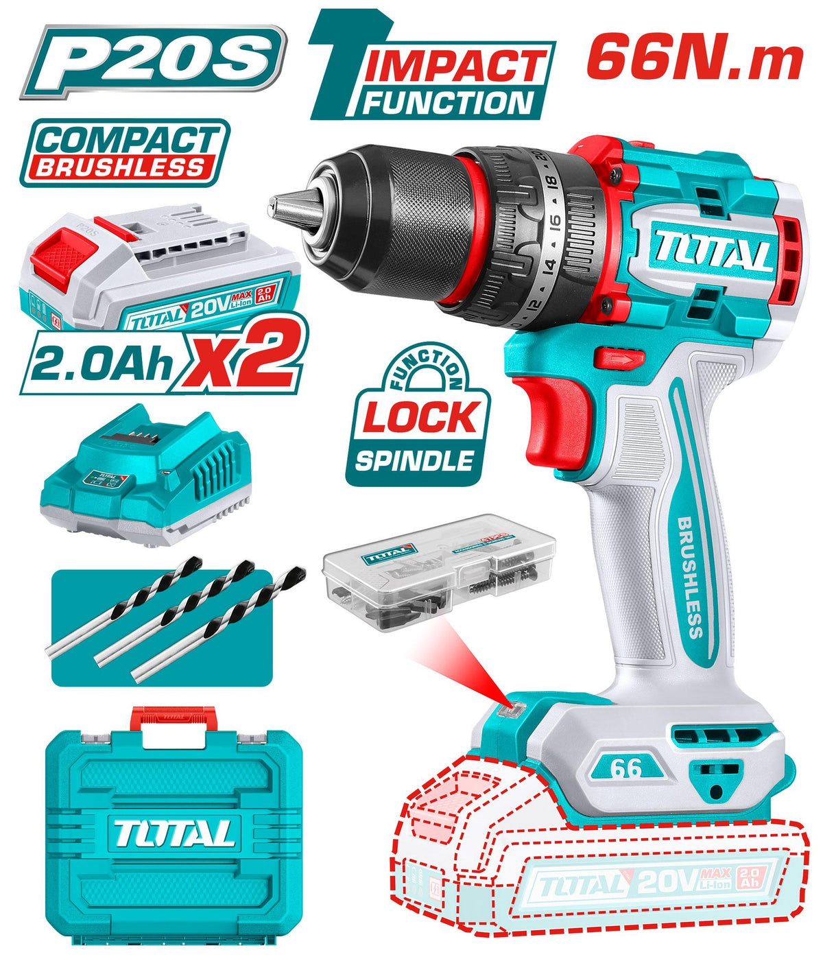 TOTAL Drill Gun UTIDLI20668 20V Lithium Ion 2.0AH Impact