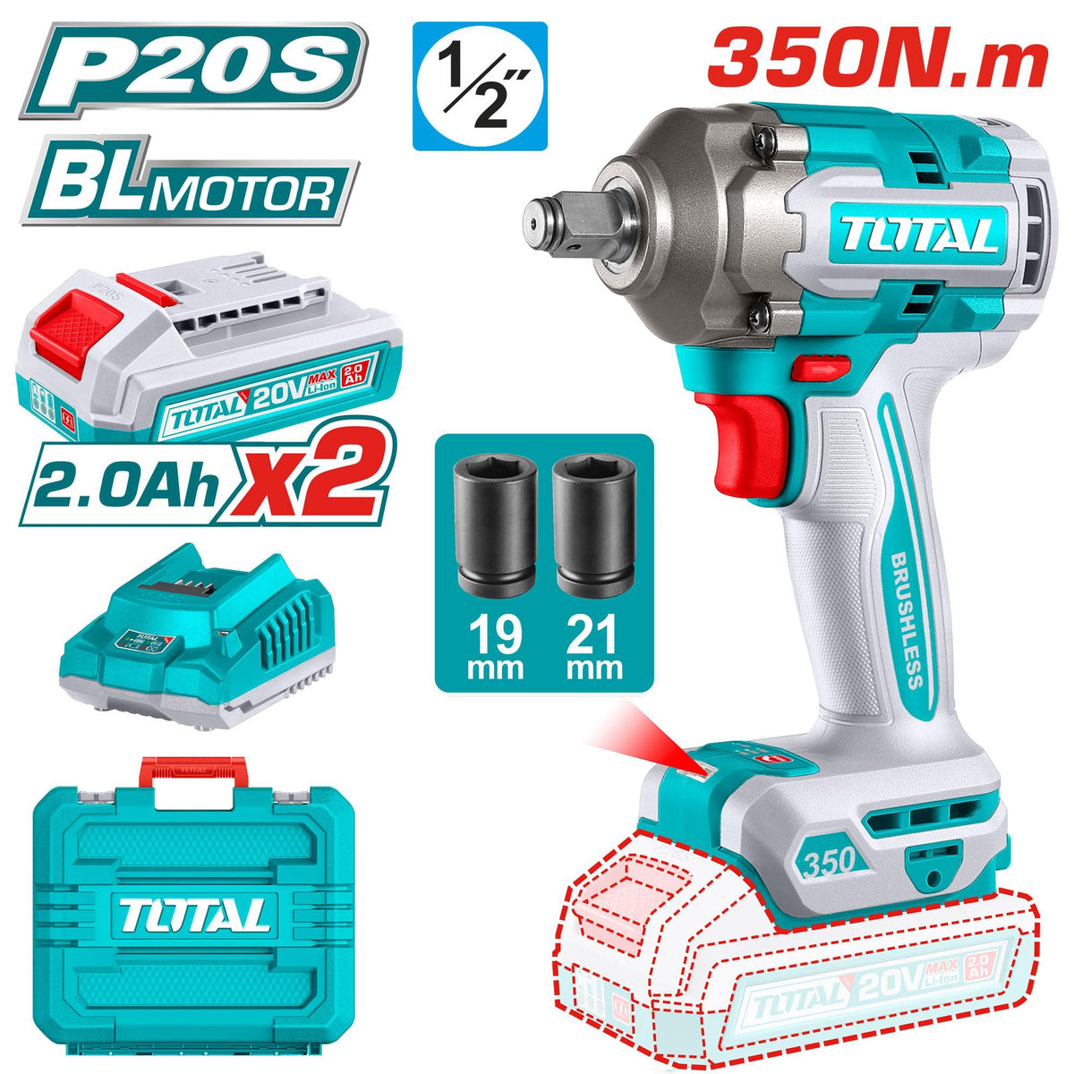 TOTAL Drill Gun UTIWLI2035 1/2" Impact Wrench 20V Lithium Ion