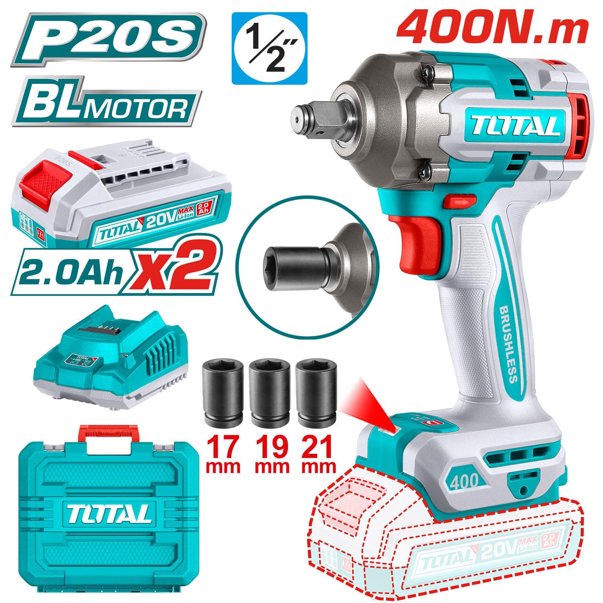 TOTAL Drill Gun UTIWLI2040 1/2" Impact Wrench 20V Lithium Ion