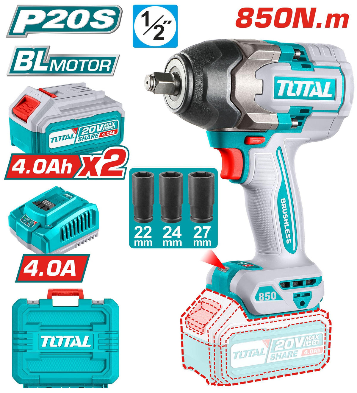 TOTAL Drill Gun UTIWLI2085 Mpact Wrench 20V Lithium Ion Cordless