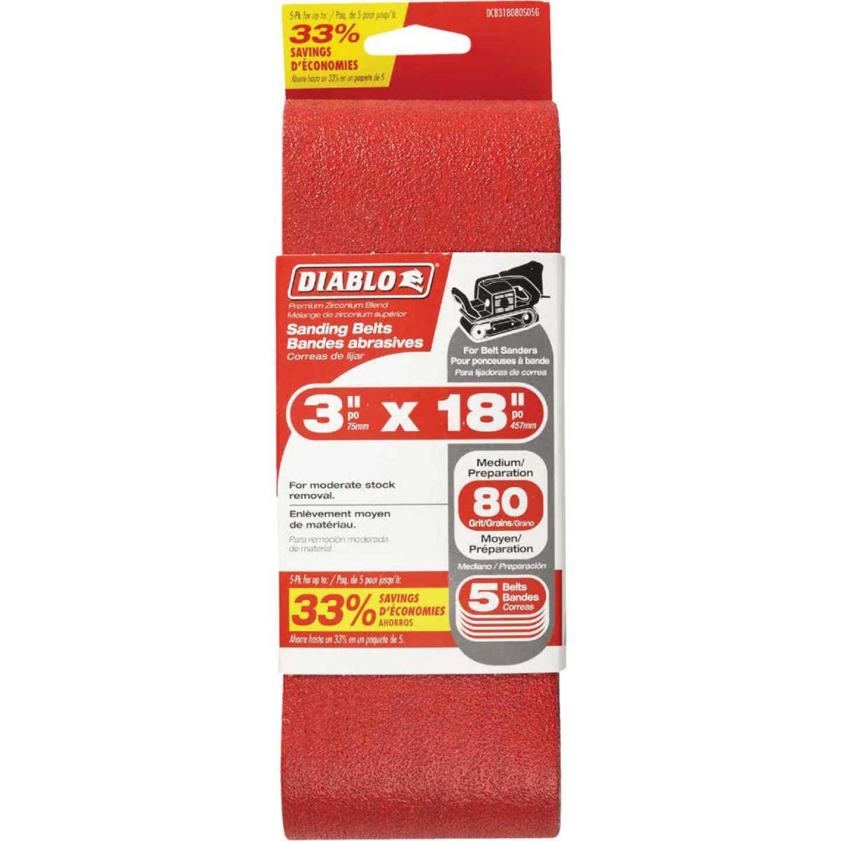 DIABLO Sanding Belt 3" X 18" #80 5PCS DCB318080S05G Red