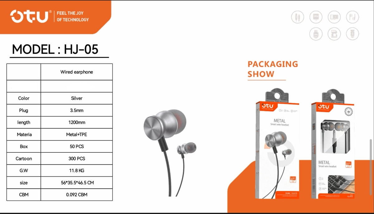 OTU Headphones & Mic HJ-05 Smart Wire Headset Metal Hifi IN-EAR