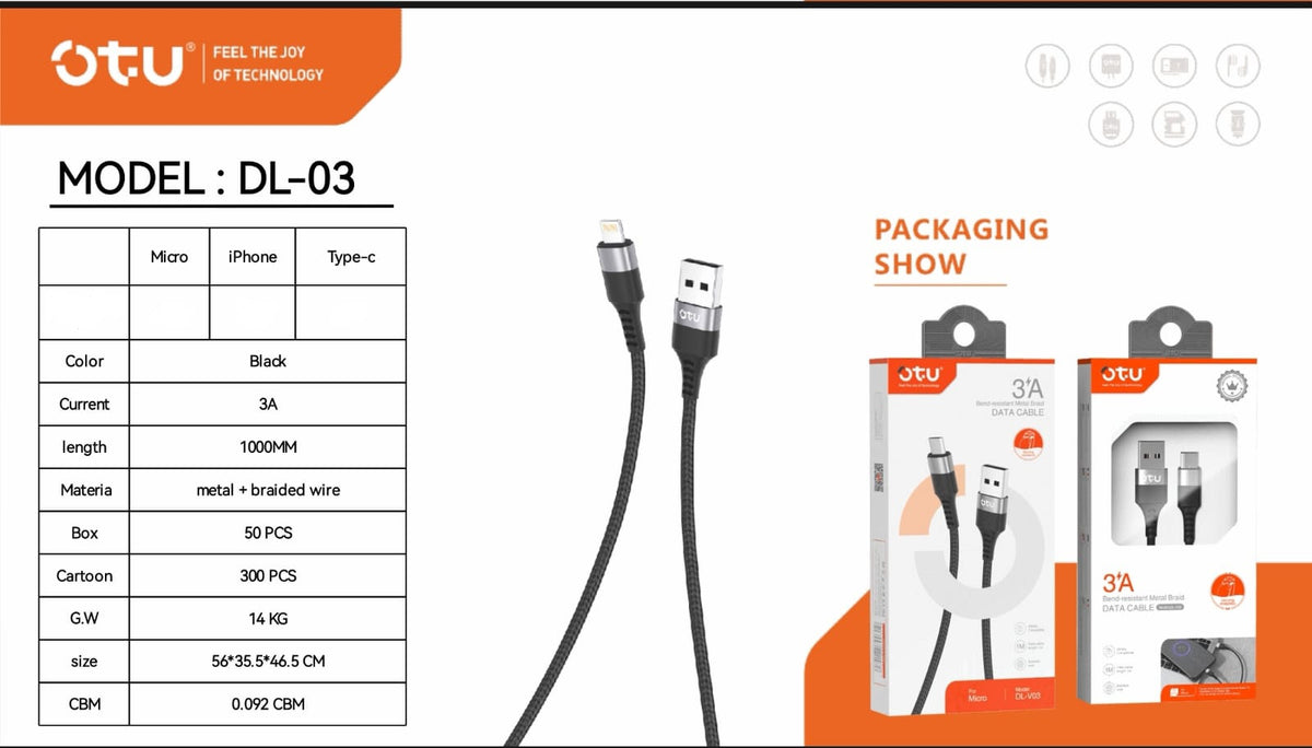 OTU Charger Cable USB DL03-V 1M Micro 3A Bend Resistant Metal Braid Data Cable