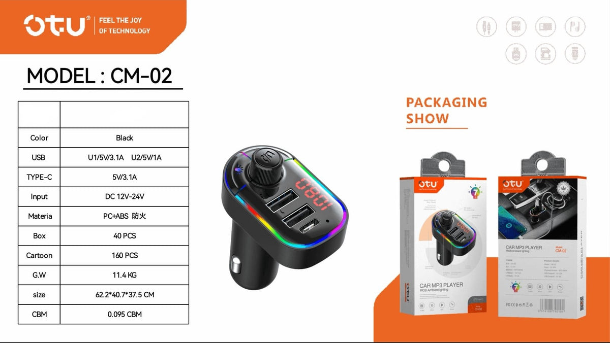 OTU Modulator FM CM-02 Car Bt MP3 Player Rgb Ambient Lighting 3.1A 2USB Charger