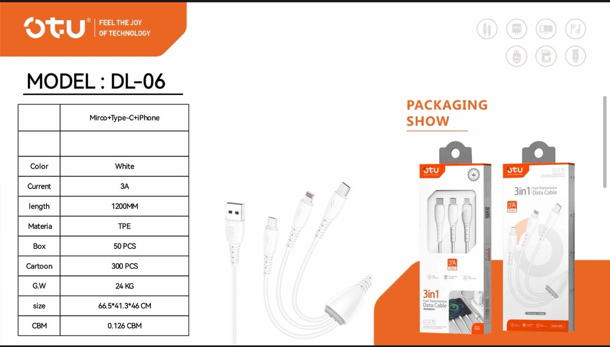 OTU Charger Cable USB 3IN1 DL06 1200MM TYPE-C Micro Lighting 3A Fast Transmission Data Cable