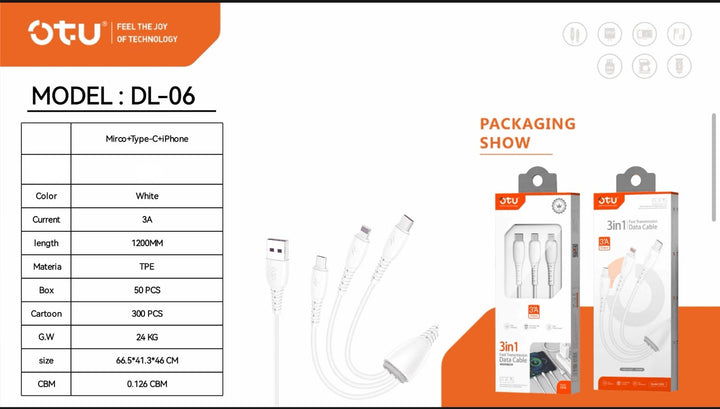 OTU Charger Cable USB 3IN1 DL06 1200MM TYPE-C Micro Lighting 3A Fast Transmission Data Cable
