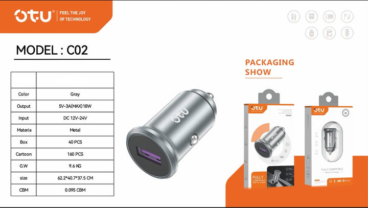 OTU Charger Car C02 Fully Compatible Metal Car Charger Vooc Quick Charge 3.0