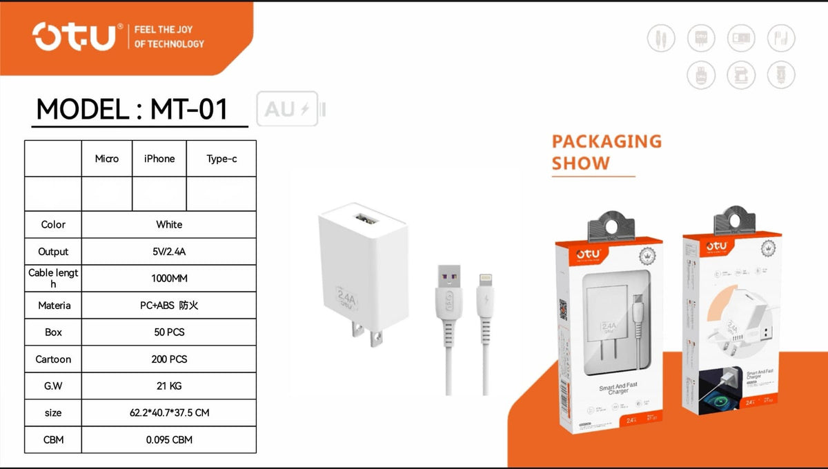 OTU Charger Cable USB MT01-I Lighting 2.4A Smart and Fast Charger