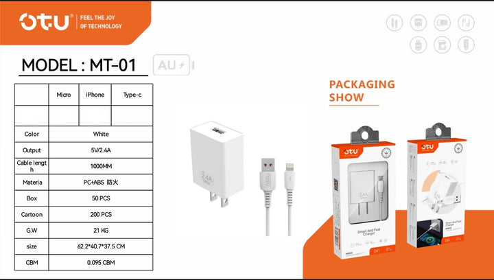 OTU Charger Cable USB MT01-V Micro 2.4A Smart and Fast Charger
