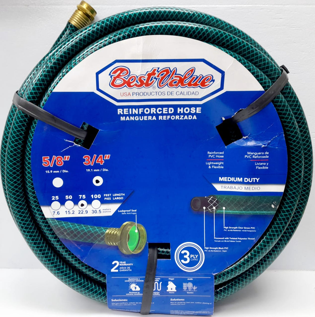 BEST VALUE Hose 3/4" X 75FT Green Reinforced Roll #J02MR275 Medium Duty