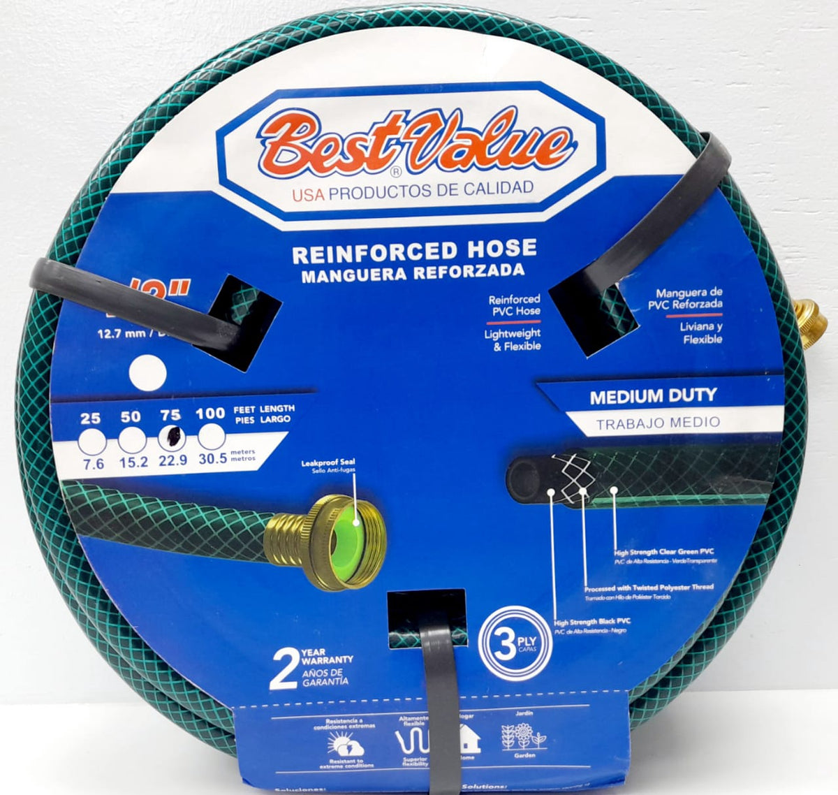 BEST VALUE Hose 1/2" X 75FT Green Reinforced Roll #J02MR075 Medium Duty