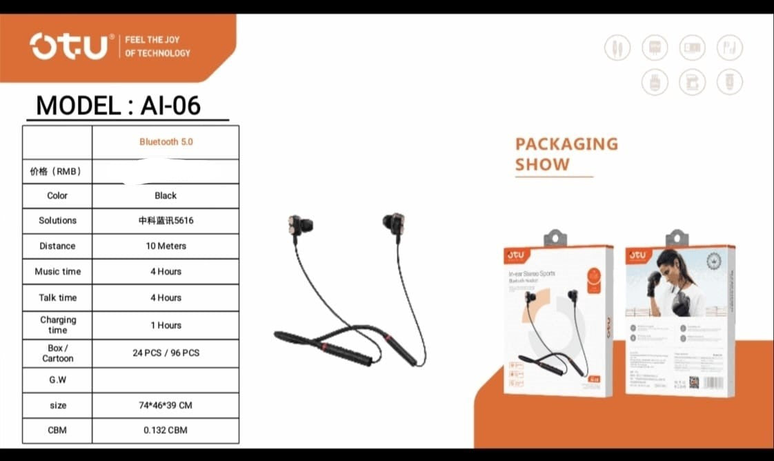 OTU Headphones Neck AI-06 IN-EAR Stereo Sports Hanging Neck Bluetooth Earphone