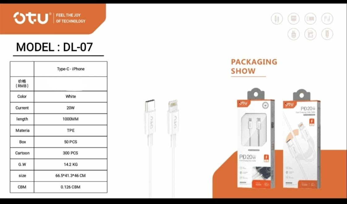 OTU Charger Cable USB DL07 1000MM TYPE-C to Lighting 20W Pd Fast Charging Data Cable