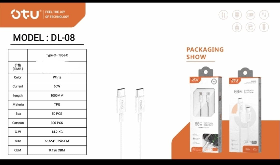 OTU Charger Cable USB DL08-CC 1000MM TYPE-C to TYPE-C 60W Fast Charging Data Cable
