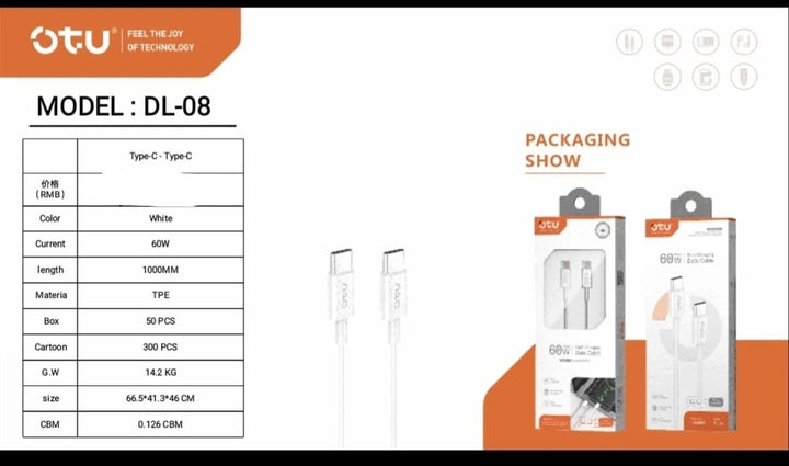 OTU Charger Cable USB DL08-CC 1000MM TYPE-C to TYPE-C 60W Fast Charging Data Cable