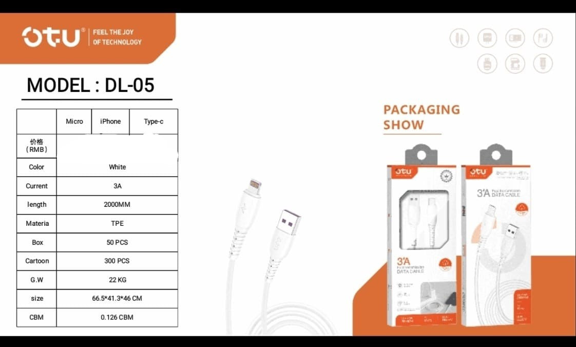 OTU Charger Cable USB DL05-I 2000MM Lighting 3A Fast Transmission Data Cable