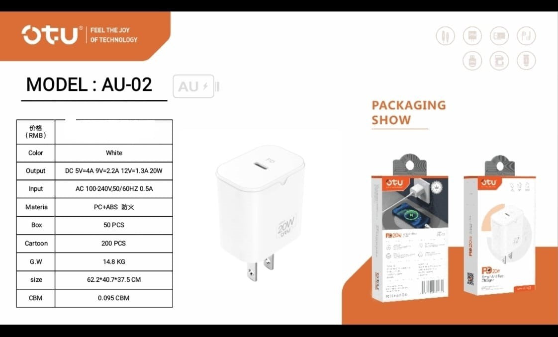 OTU Charger Adapter USB AU-02 20W Pd Smart and Fast