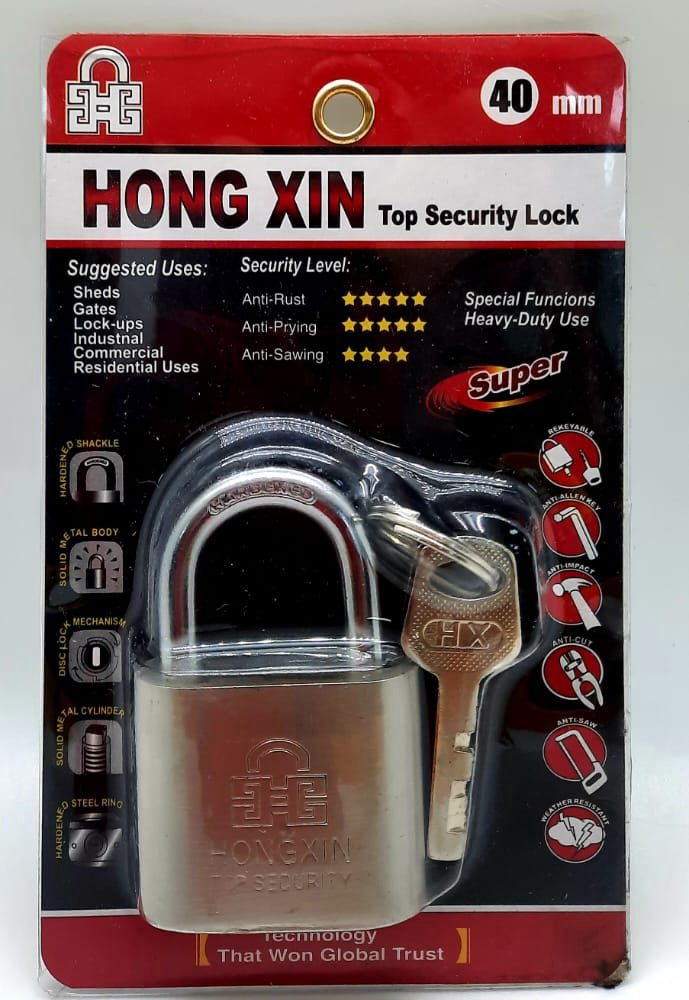 HONG XIN Padlock 40MM Long Shackle Chrome