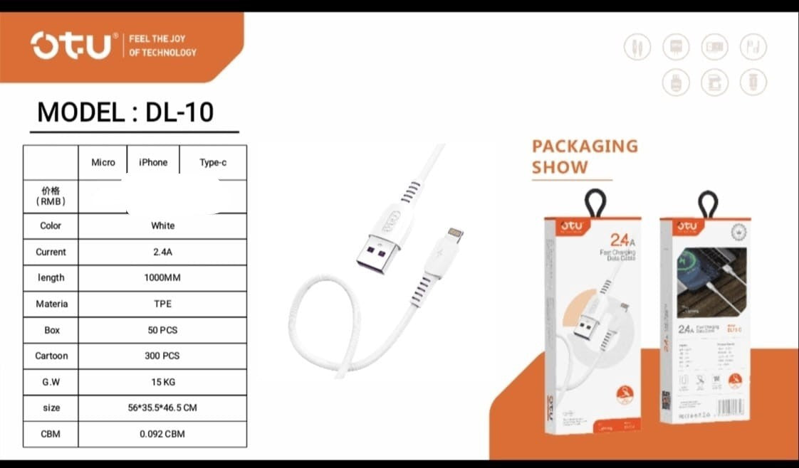 OTU Charger Cable USB DL10-I 1000MM Lighting 2.4A Fast Charging Data Cable