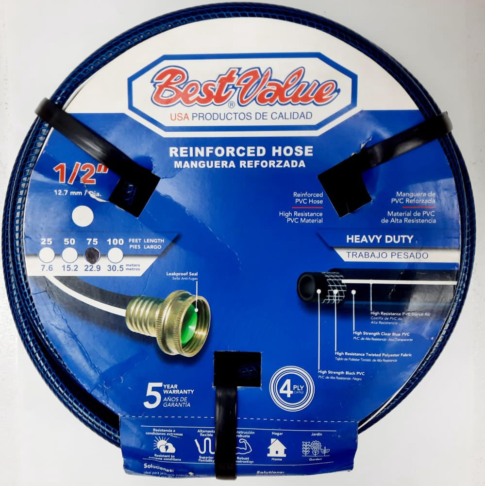 BEST VALUE Hose 1/2" X 75FT Blue Reinforced Roll #J02MR375 Heavy Duty