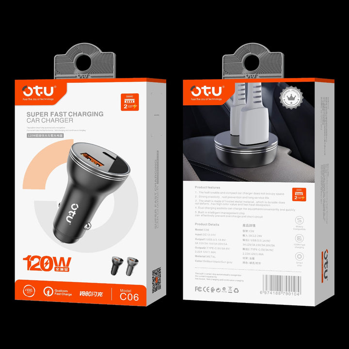 OTU Charger Car C06 Super Fast Charging Car Charger 2USB 120W TYPE-C + USB