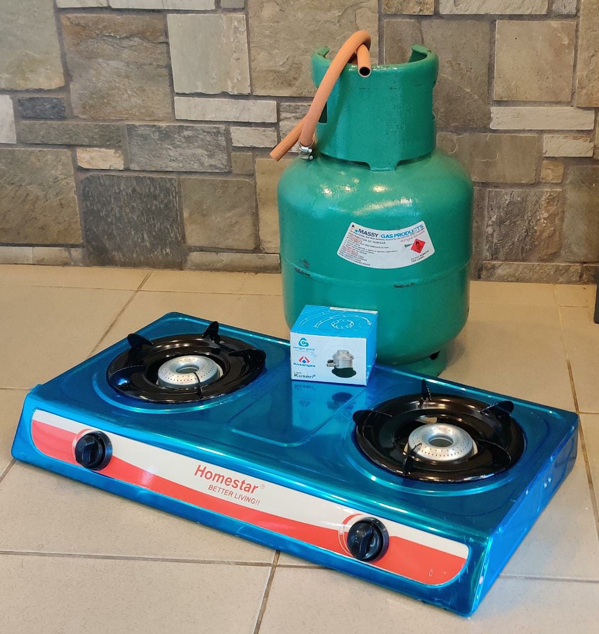 MASSY Gas & Stove Kit 2 Burner Home Star HS002-BBA Table Model + 20LBS Gas Bottle + Gas + Adaptor + Hose + 2 Clips