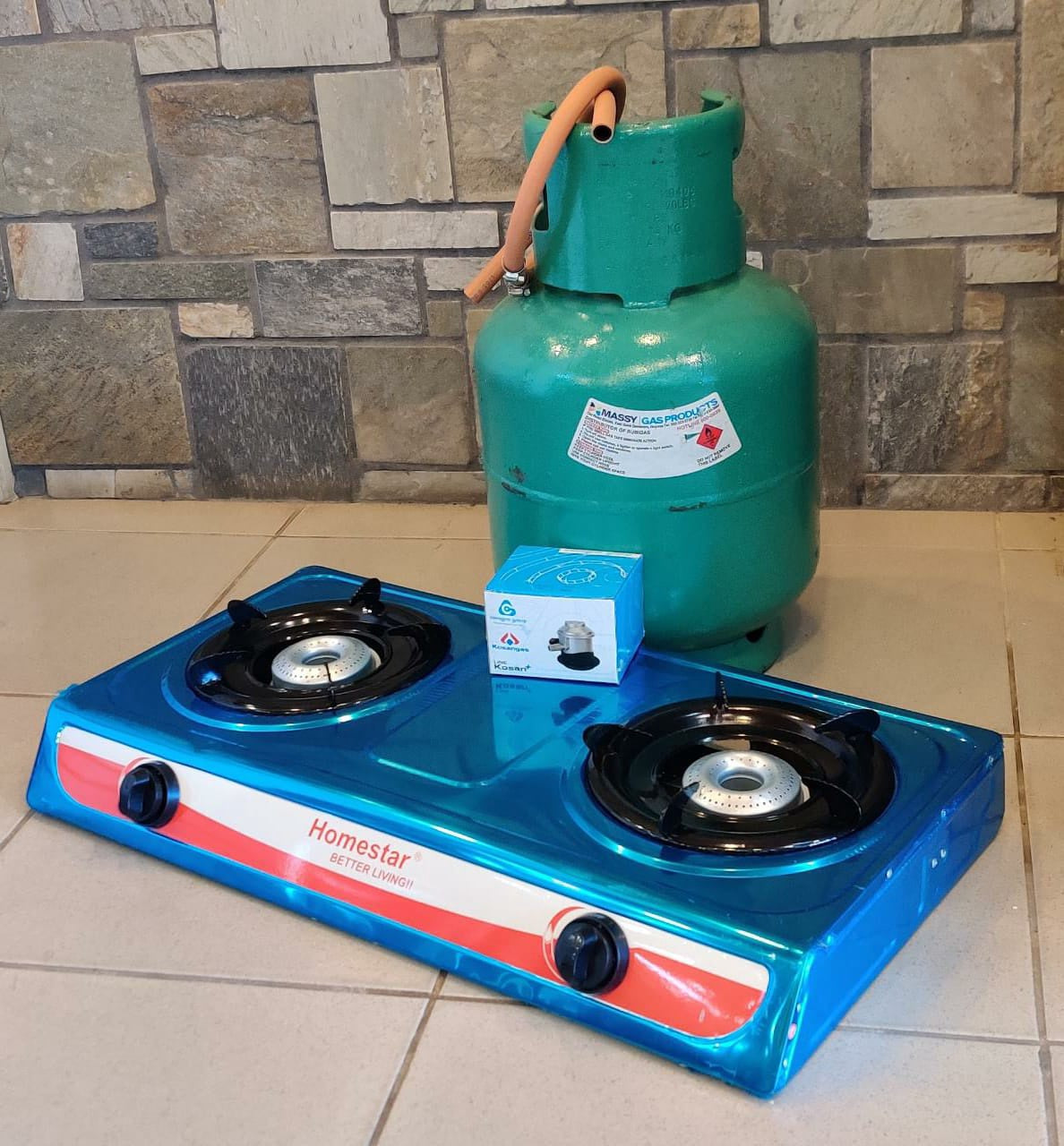 MASSY Gas & Stove Kit 2 Burner Home Star HS002-BBA Table Model + 20LBS Gas Bottle + Gas + Adaptor + Hose + 2 Clips